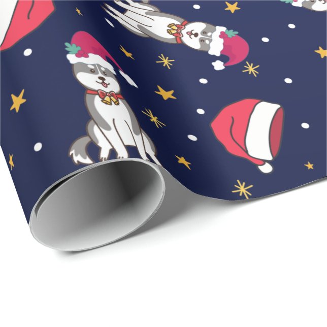 Papel De Regalo Navidades Husky Azul Siberiano Con Santa Hat (Esquina del rollo)