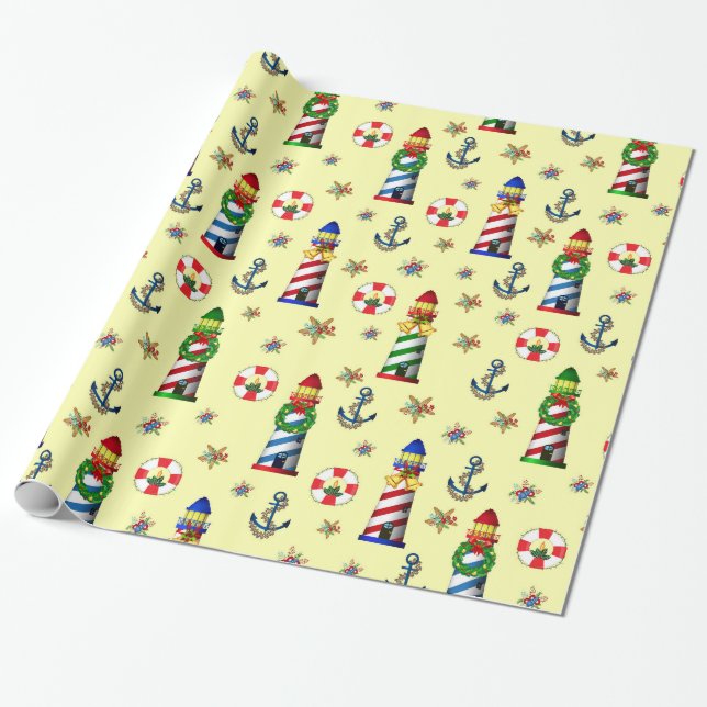 Papel De Regalo Navidades iluminan fondo amarillo náutico (Desenrollado)