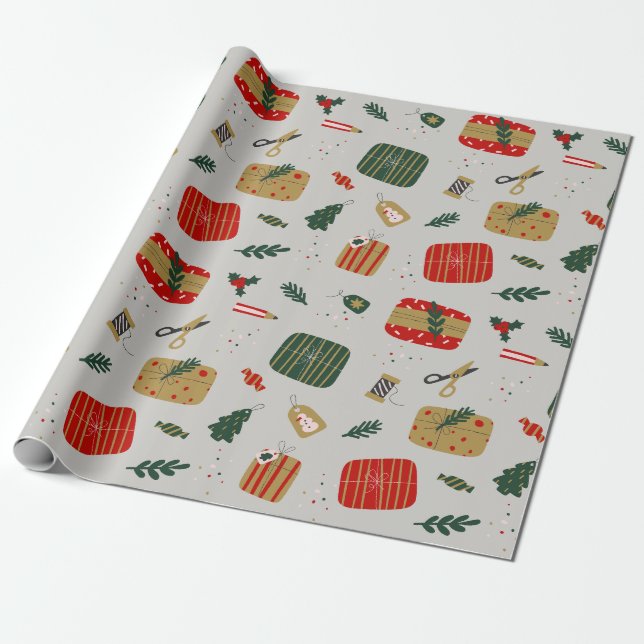 Papel De Regalo Navidades ilustrados de rojo gris y dorado (Desenrollado)