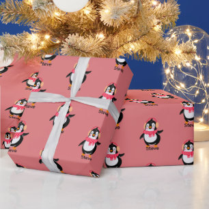 Papel De Regalo Navidades Jolly Penguin en una bufanda con bocanad