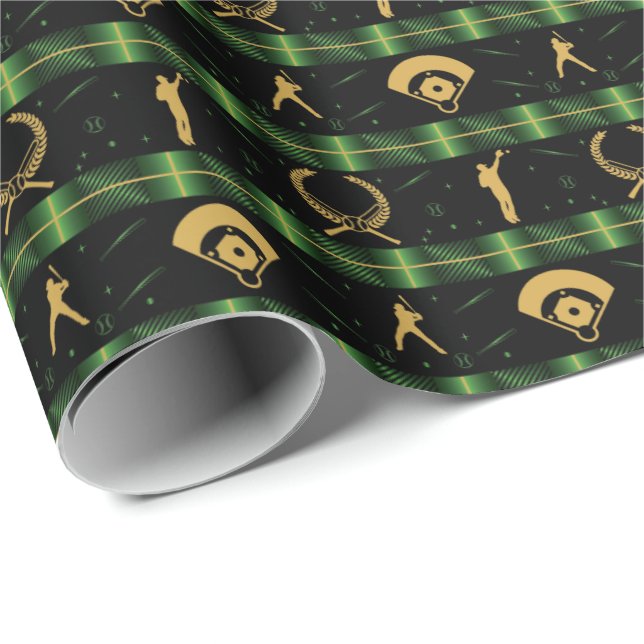 Papel De Regalo Navidades jugador de béisbol - Green Check (Esquina del rollo)