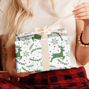 Papel De Regalo Navidades juveniles de renos y copos de nieve verd