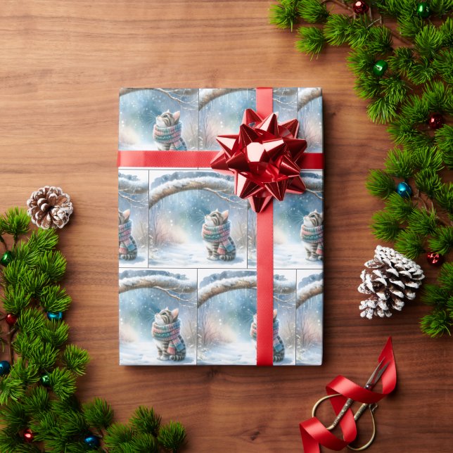 Papel De Regalo Navidades Kitten vistiendo una bufanda de invierno (Regalo de vacaciones)