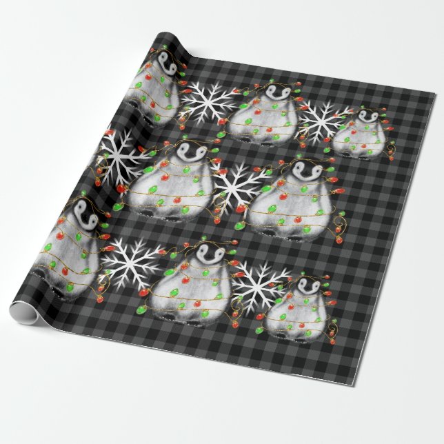 Papel De Regalo Navidades lindos pingüino luces rojas verdes copos (Desenrollado)