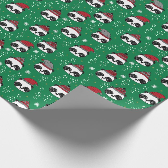 Papel De Regalo Navidades lindos verdes y rojos Panda de invierno (Esquina)