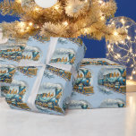 Papel De Regalo Navidades Locomotora Vintage azul y dorada<br><div class="desc">Una hermosa locomotora de oro y azul vintage que aporta felicidad a los Navidades de vacaciones a un niño pequeño</div>