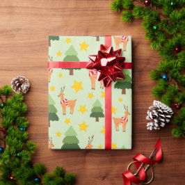 Papel De Regalo Navidades mágicos renos Árbol verde y estrellas