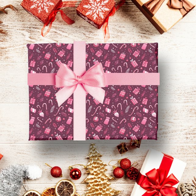 PAPEL DE REGALO NAVIDADES MAROON FESTIVAN DECORACIÓN DE CANDIDATAS (MAROON CHRISTMAS FESTIVE CANDY DECORATION WRAPPING PAPER)