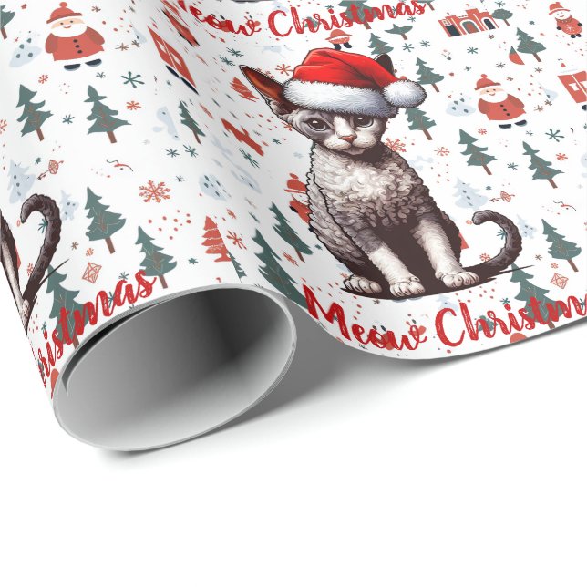Papel De Regalo Navidades Meow Devon Rex Cat, Navidad Santa Kitten (Esquina del rollo)