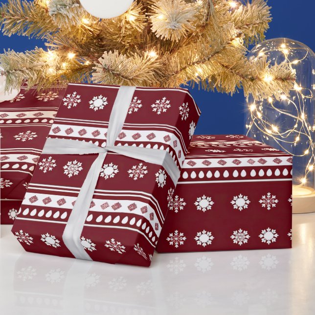 Papel De Regalo Navidades modernos con copos de nieve rojos y blan (Vacaciones)