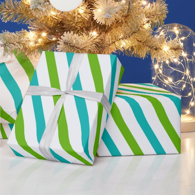 Papel De Regalo Navidades modernos con franjas blancas azules verd (Vacaciones)