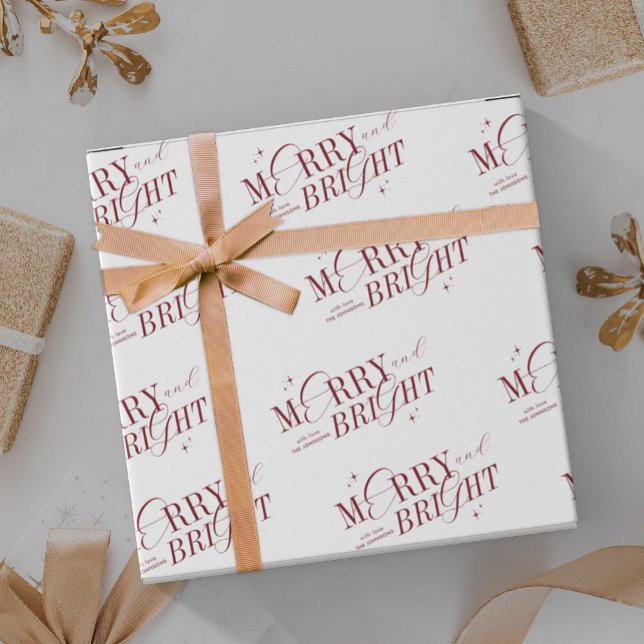 Papel De Regalo Navidades modernos con un elegante guión rojo bril (Elegant white and red Merry & Bright Christmas Gift Wrapping paper with space for your name)