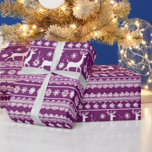 Papel De Regalo Navidades modernos de flores de reno morado y blan