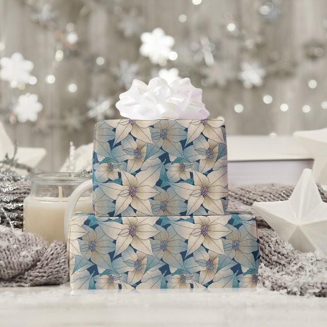 Papel De Regalo Navidades modernos de Poinsettia Blanca Patrón azu (Subido por el creador)