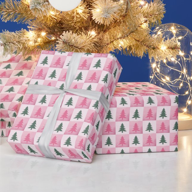 Papel De Regalo Navidades modernos de tablero de ajedrez rosa y ve (Vacaciones)