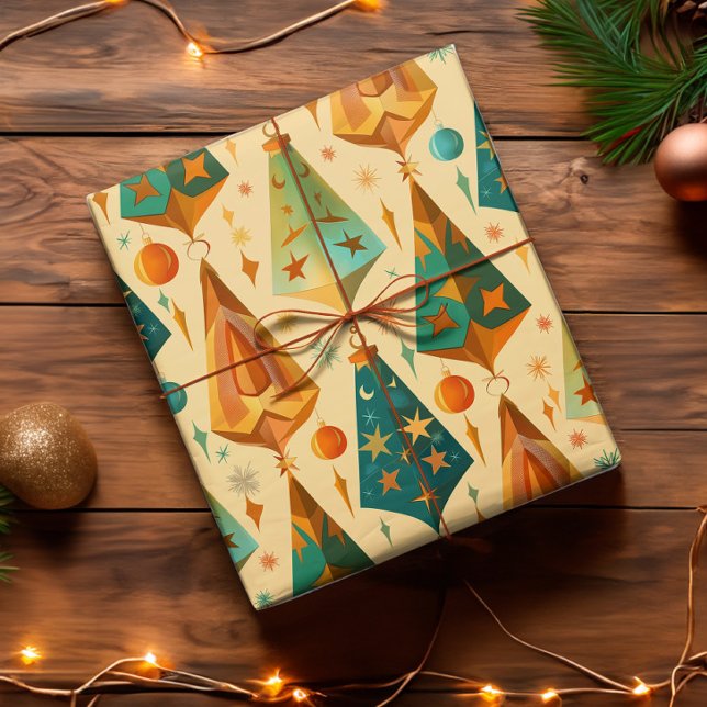 Papel De Regalo Navidades modernos del Gold Copper Retro de Mid Ce (Vintage retro mid century modern christmas wrapping paper in warm golds, coppers, and teals.)