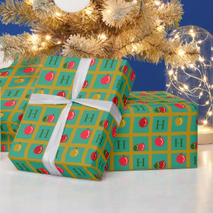 Papel De Regalo Navidades Monogramed Red, Green, Gold Ornaments