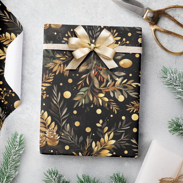 Papel De Regalo Navidades Moody Moody Elegante regalo festivo (Christmas Black Gold Moody Elegant Festive Wrapping Paper)