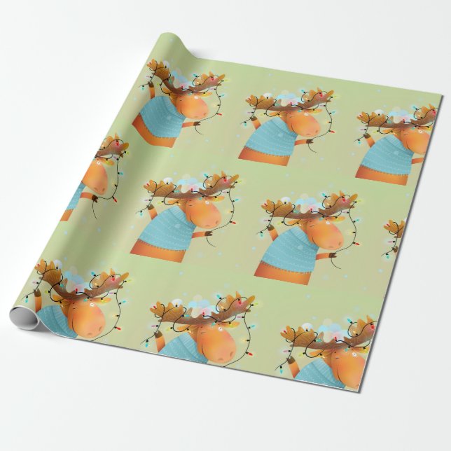 Papel De Regalo Navidades Moose Lights Funny Humor Arte Animal (Desenrollado)