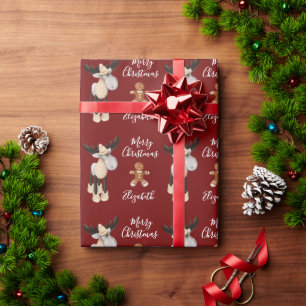 Papel De Regalo Navidades Moose Merry Christmas Personalizado Red