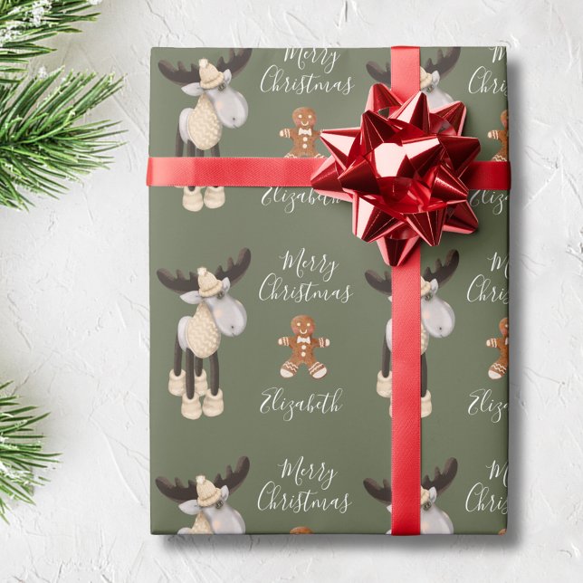 Papel De Regalo Navidades Moose Sage Green Personalizado (Subido por el creador)