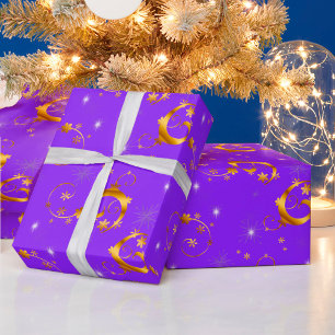 Papel De Regalo Navidades morados de remolinos y estrellas de oro