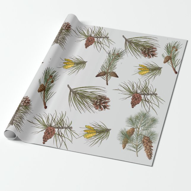 Papel De Regalo Navidades Naturaleza Cones de pino y ramas (Desenrollado)