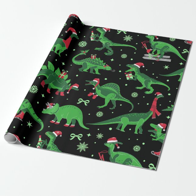 Papel De Regalo navidades negros dinosaurios estegosaurus tricerat (Desenrollado)