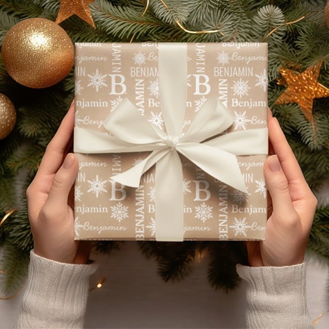 Papel De Regalo Navidades Nieve Repetir nombre Kraft Personalizado (Christmas Snow Repeating Name Personalized Kraft Wrapping Paper)
