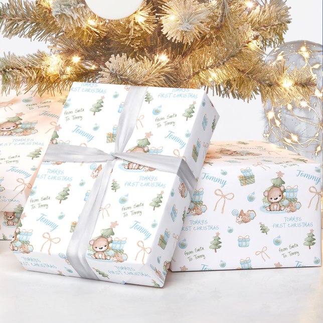 Papel De Regalo Navidades Nombre de niño oso Navidades de texto (Christmas Bear Boy Name Text Christmas Wrapping Paper)