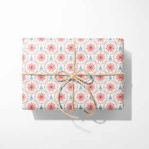 Papel De Regalo Navidades nórdicos Copos de nieve rojos y árboles 