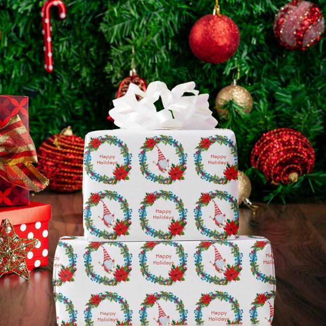 Papel De Regalo Navidades nórdicos de esquí Gnome celebran fiestas (Nordic Gnome Skier Christmas Wreath Happy Holidays Wrapping Paper)