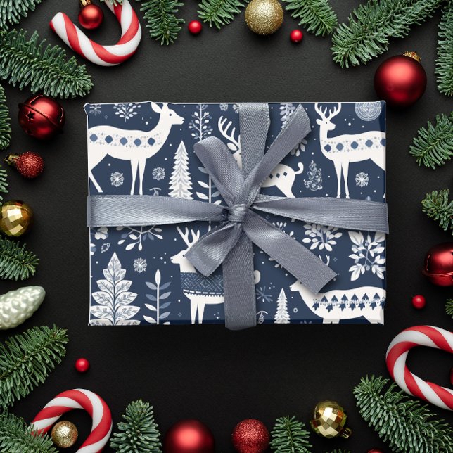 Papel De Regalo Navidades Nórdicos Deer Blue (Nordic Style Deer Blue Christmas Wrapping Paper)