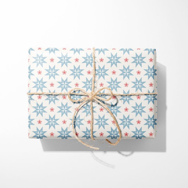 Papel De Regalo Navidades nórdicos Estrellas azules y copos rojos  (Subido por el creador)