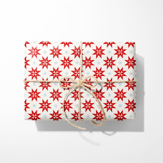 Papel De Regalo Navidades nórdicos Estrellas rojas y copos de niev