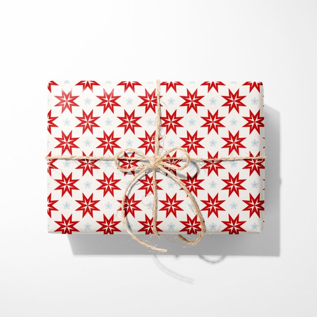 Papel De Regalo Navidades nórdicos Estrellas rojas y copos de niev (Subido por el creador)