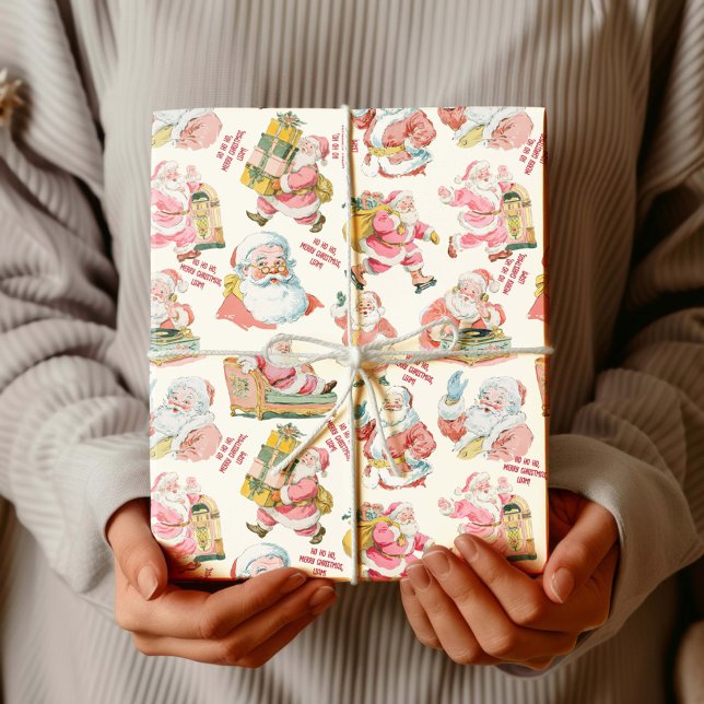 Papel De Regalo Navidades nostálgicos del Retro Santa Claus en Cre (Retro Groovy Santa Claus-Festive Christmas Wrapping paper. Holiday Winter Gift wrapping set)