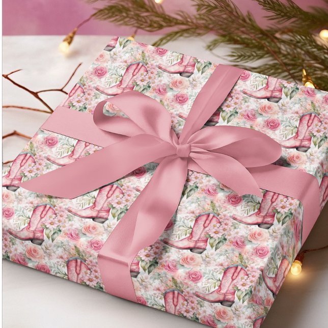 Papel De Regalo Navidades occidentales de Cowgirl floral rosada (Subido por el creador)
