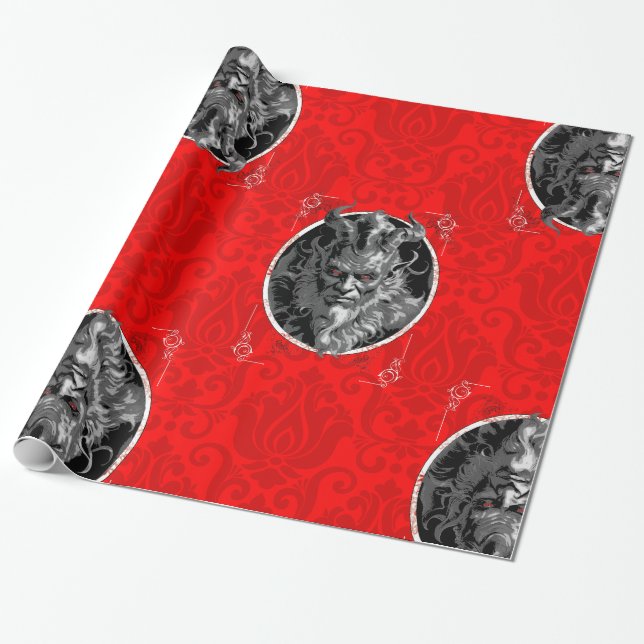 Papel De Regalo navidades ominosos krampus damasco rojo (Desenrollado)