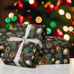 Papel De Regalo Navidades Ornamentos de Árbol Evergreen Oro Rojo