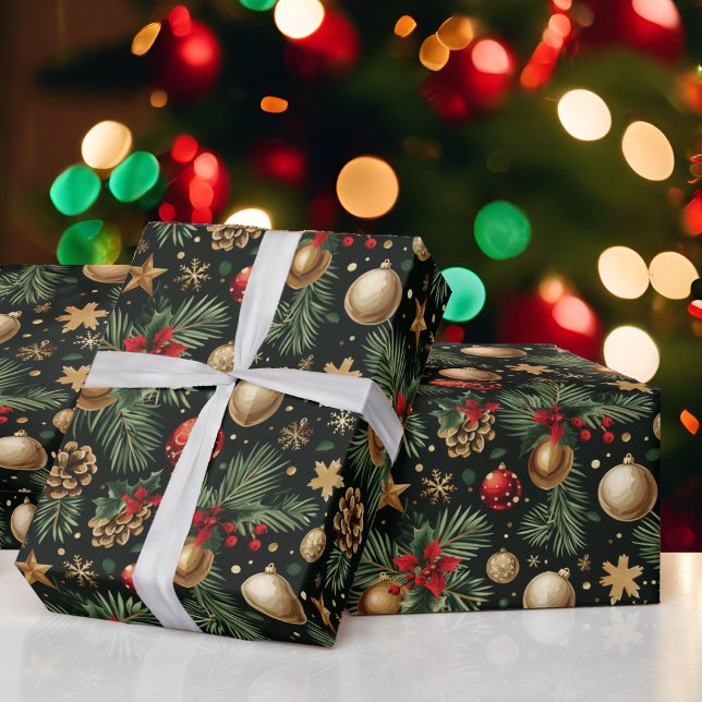 Papel De Regalo Navidades Ornamentos de Árbol Evergreen Oro Rojo (Subido por el creador)