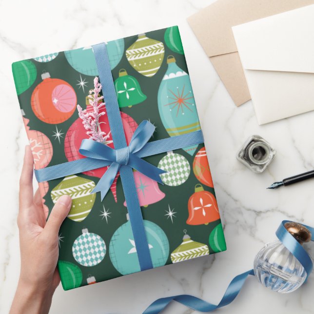 Papel De Regalo Navidades Ornamentos Retro Verde (Regalar)