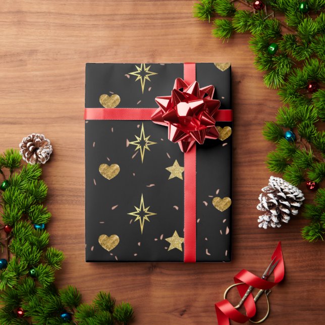 Papel De Regalo Navidades Oro Stars Gold Hearts in Black Patterns (Regalo de vacaciones)