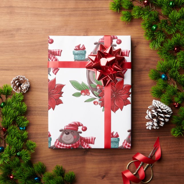 Papel De Regalo Navidades Oso y Poinsettia
