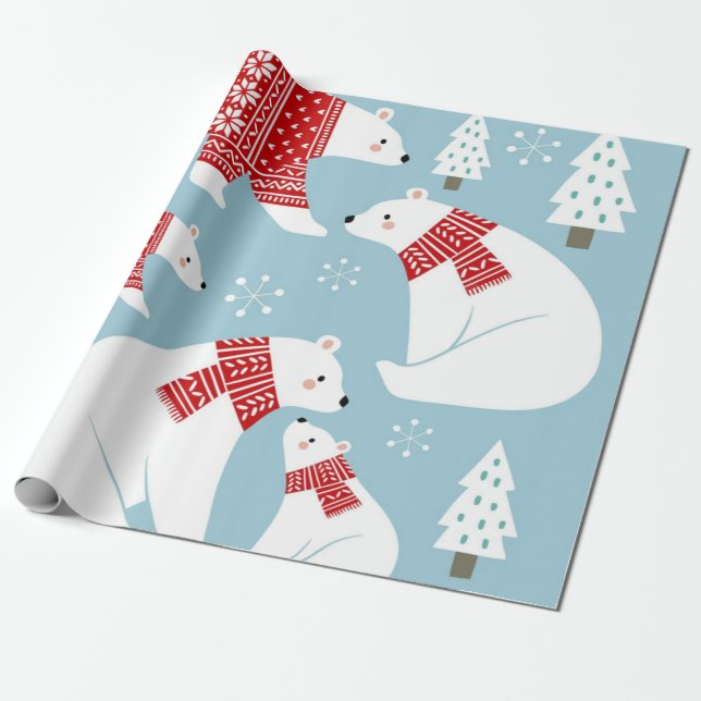Papel De Regalo Navidades Osos Polares Con Suéter Rojo (Desenrollado)