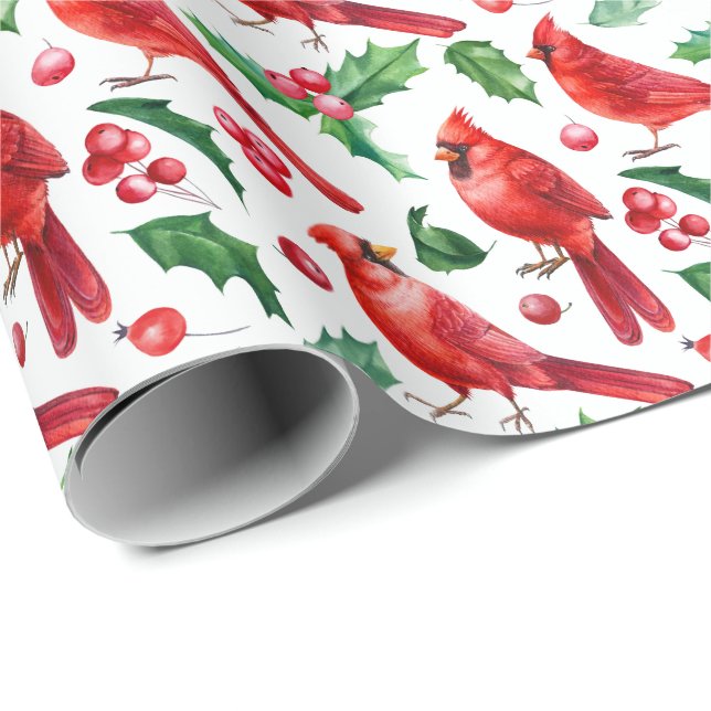 Papel De Regalo Navidades Pájaros del Cardenal Rojo Holly Berry Br (Esquina del rollo)