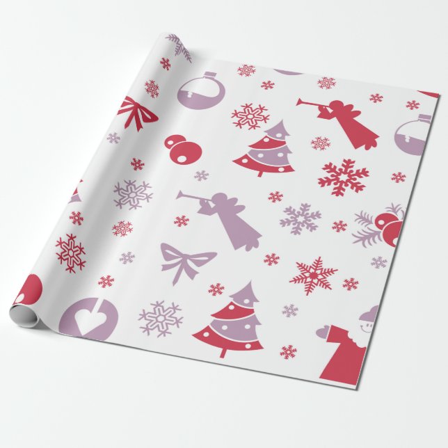 Papel De Regalo Navidades Patrón de copos de nieve, ángeles y árbo (Desenrollado)