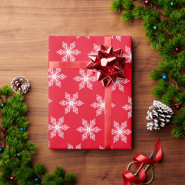 Papel De Regalo Navidades Patrón de copos de nieve rojos y blancos (Regalo de vacaciones)