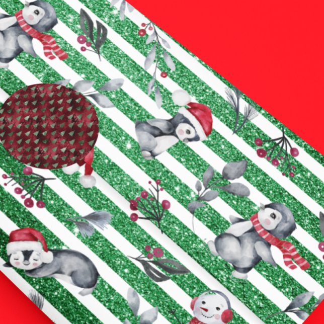 Papel De Regalo Navidades Penguin Snowman Green Purpurinas Stripes (Subido por el creador)