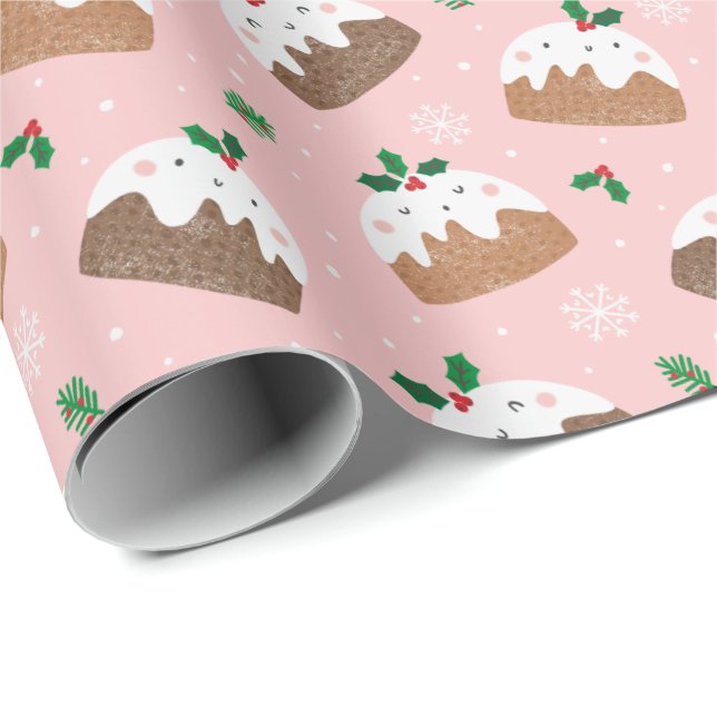 Papel De Regalo Navidades pequeños puddings sobre rosa claro (Esquina del rollo)